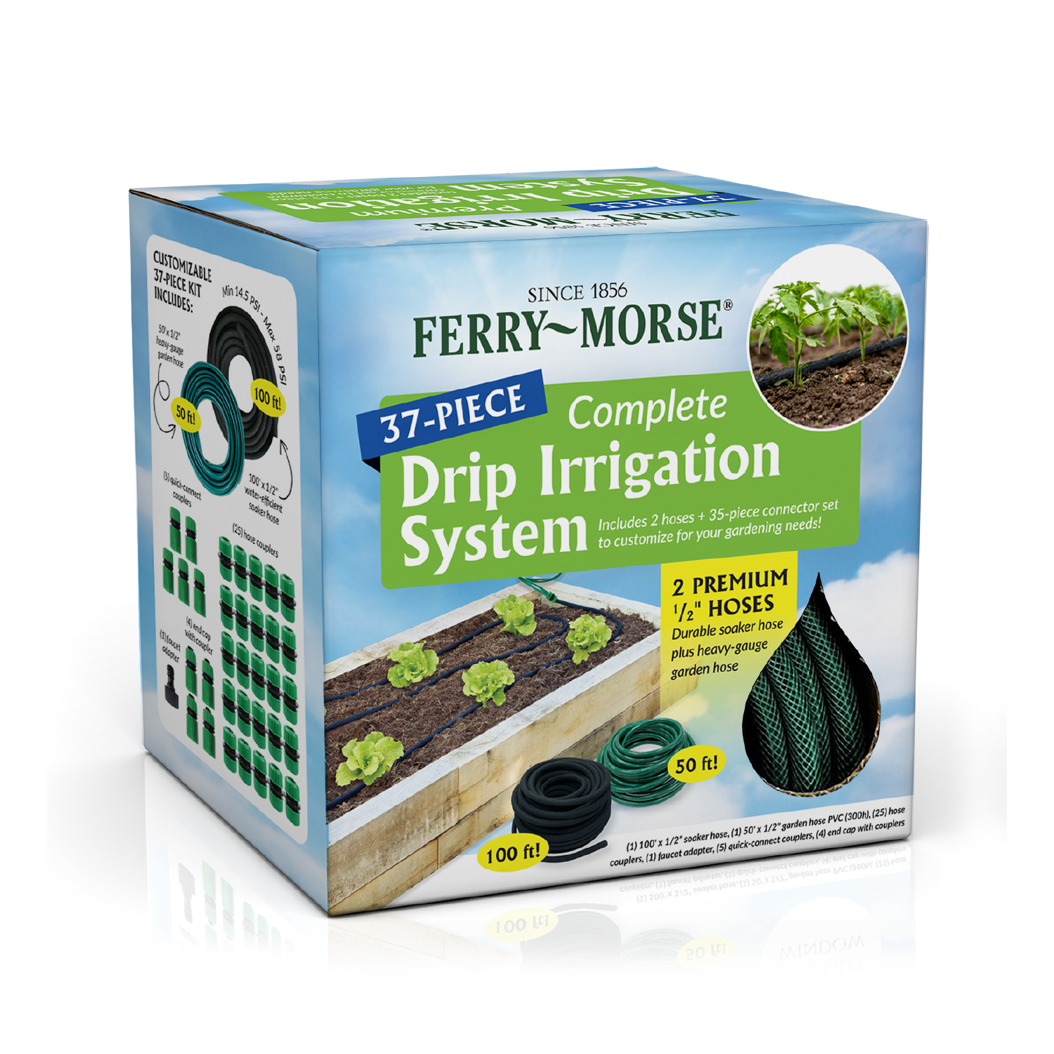Packaging for Ferry-Morse Drip Hose & Irrigation System Kit featuring the product components and an image of a garden being watered.